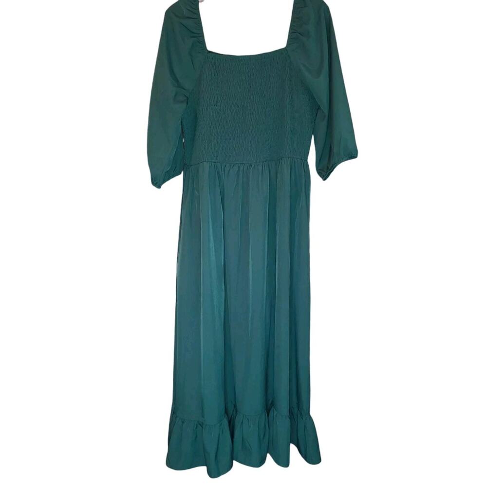 Milkmaid Peasant Smocked Ruffle Emerald Green Midi Dress Size 12 LG Cottagecore - Picture 2 of 7